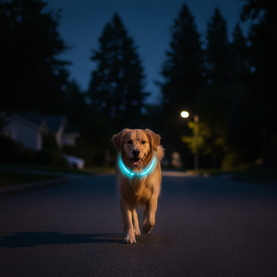 Dog wearing a glowing harness running on a dark road at night.